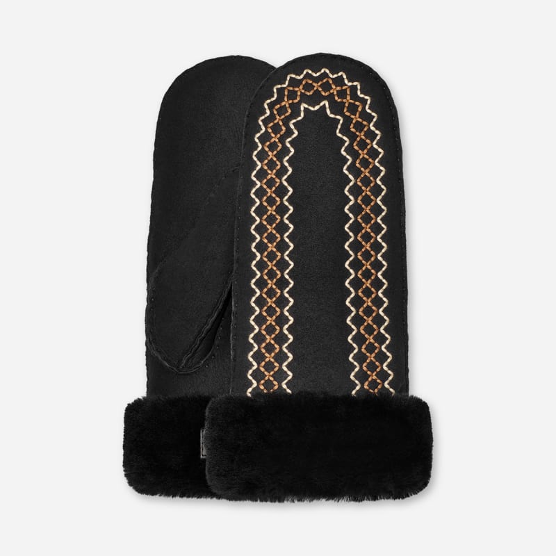 UGG® Bestickte Atherson Fäustlinge für Damen in Black, Größe S/M, Schaffell von Ugg