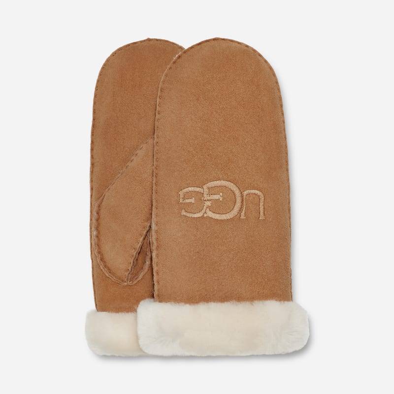 UGG® Shearling-Handschuhe mit Logostickerei für Damen | UGG® EU in Brown, Größe L/XL, Schaffell von Ugg