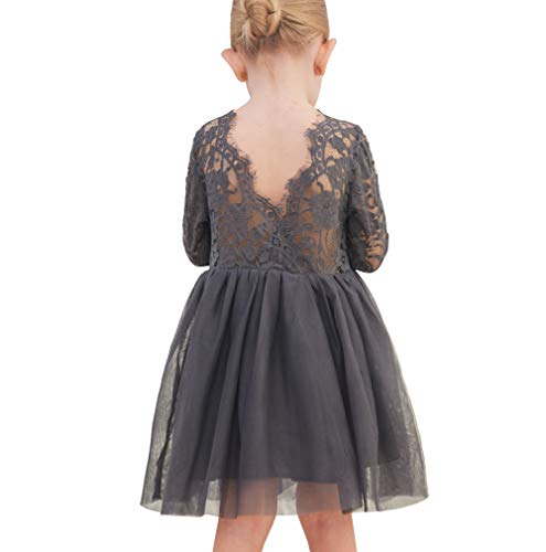 Ugitopi A-Linie Spitze zurück Tutu Tüll Blumenmädchen Kleid Hochzeit Prinzessin Partykleid (Dark Gray-Longsleeve,90) von Ugitopi