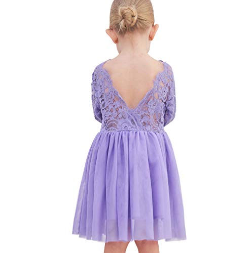 Ugitopi A-Linie Spitze zurück Tutu Tüll Blumenmädchen Kleid Hochzeit Prinzessin Partykleid (Purple-Longsleeve,140) von Ugitopi