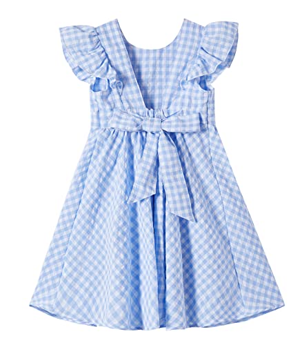 Ugitopi Baby Mädchen Flatterärmel Baumwolle-Leinen Kleid Elastische Taille Schleife Kinder Freizeitkleider (Plaid Blue,130) von Ugitopi