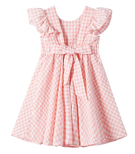 Ugitopi Baby Mädchen Flatterärmel Baumwolle-Leinen Kleid Elastische Taille Schleife Kinder Freizeitkleider (Plaid Pink,110) von Ugitopi