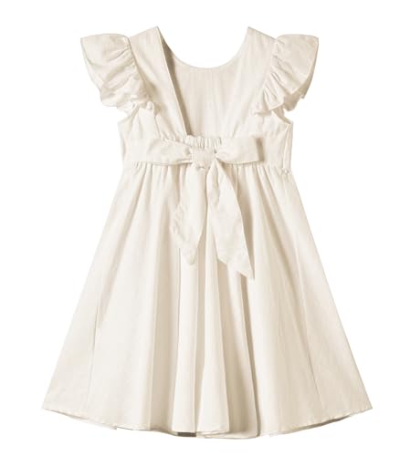 Ugitopi Baby Mädchen Flatterärmel Baumwolle-Leinen Kleid Elastische Taille Schleife Kinder Freizeitkleider (Solid Beige,120) von Ugitopi