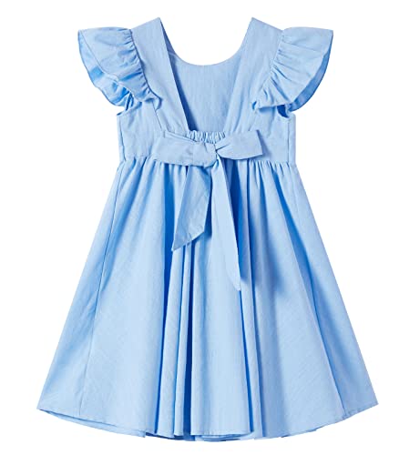 Ugitopi Baby Mädchen Flatterärmel Baumwolle-Leinen Kleid Elastische Taille Schleife Kinder Freizeitkleider (Solid Blue,100) von Ugitopi