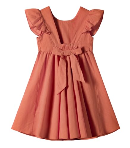 Ugitopi Baby Mädchen Flatterärmel Baumwolle-Leinen Kleid Elastische Taille Schleife Kinder Freizeitkleider (Solid Caramel,120) von Ugitopi