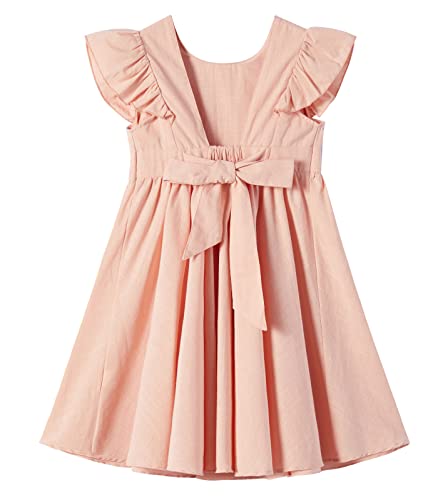Ugitopi Baby Mädchen Flatterärmel Baumwolle-Leinen Kleid Elastische Taille Schleife Kinder Freizeitkleider (Solid Dusty Pink,120) von Ugitopi