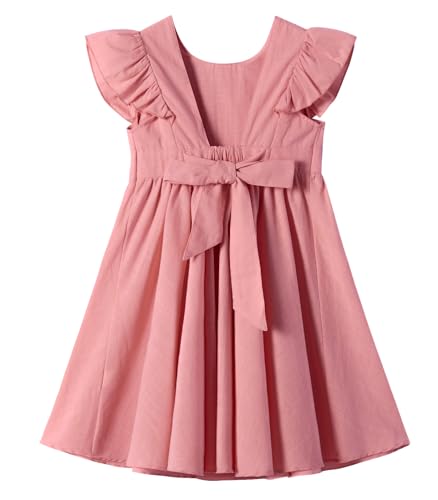 Ugitopi Baby Mädchen Flatterärmel Baumwolle-Leinen Kleid Elastische Taille Schleife Kinder Freizeitkleider (Solid Dusty Rose,110) von Ugitopi