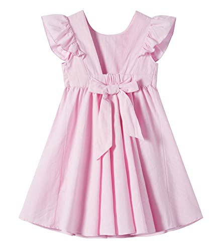 Ugitopi Baby Mädchen Flatterärmel Baumwolle-Leinen Kleid Elastische Taille Schleife Kinder Freizeitkleider (Solid Pink,100) von Ugitopi