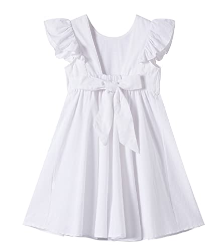 Ugitopi Baby Mädchen Flatterärmel Baumwolle-Leinen Kleid Elastische Taille Schleife Kinder Freizeitkleider (Solid White,100) von Ugitopi