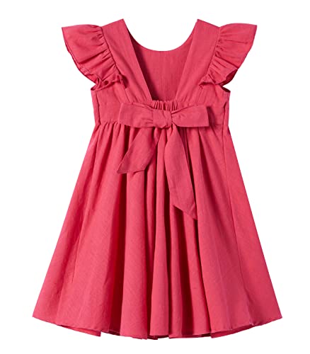 Ugitopi Baby Mädchen Flatterärmel Baumwolle-Leinen Kleid Elastische Taille Schleife Kinder Freizeitkleider (Solid Wine Red,90) von Ugitopi