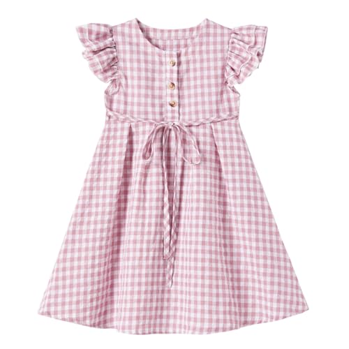 Ugitopi Kleines Mädchen Flatterärmel Baumwoll-Leinen Kleid Kleinkind Kinder Doppelte Rüschen Freizeitkleider (Plaid Dusty Rose 110) von Ugitopi