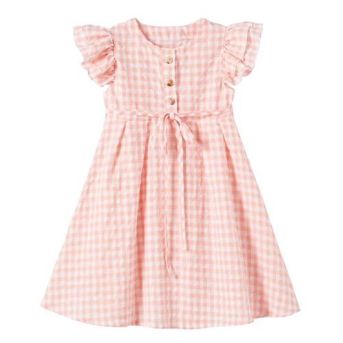 Ugitopi Kleines Mädchen Flatterärmel Baumwoll-Leinen Kleid Kleinkind Kinder Doppelte Rüschen Freizeitkleider (Plaid Pink 140) von Ugitopi