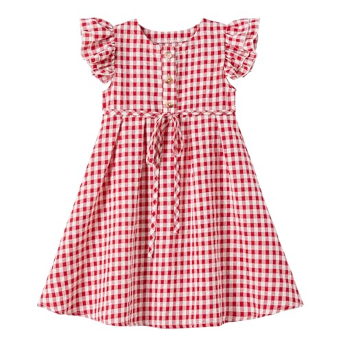 Ugitopi Kleines Mädchen Flatterärmel Baumwoll-Leinen Kleid Kleinkind Kinder Doppelte Rüschen Freizeitkleider (Plaid Red 130) von Ugitopi