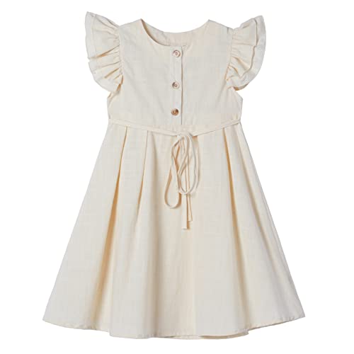 Ugitopi Kleines Mädchen Flatterärmel Baumwoll-Leinen Kleid Kleinkind Kinder Doppelte Rüschen Freizeitkleider Beige 140 von Ugitopi