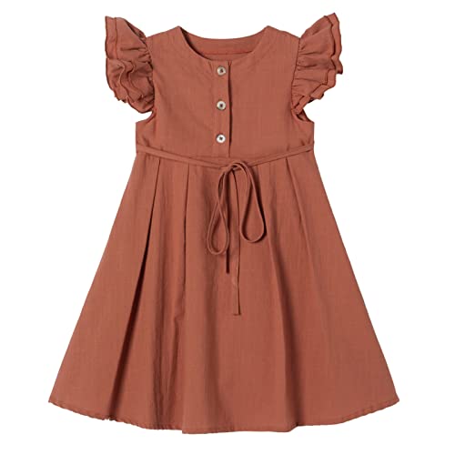 Ugitopi Kleines Mädchen Flatterärmel Baumwoll-Leinen Kleid Kleinkind Kinder Doppelte Rüschen Freizeitkleider Caramel 110 von Ugitopi