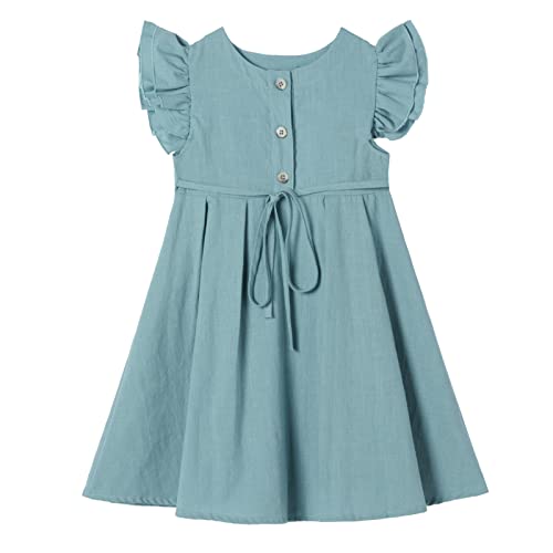 Ugitopi Kleines Mädchen Flatterärmel Baumwoll-Leinen Kleid Kleinkind Kinder Doppelte Rüschen Freizeitkleider Dusty Blue 140 von Ugitopi