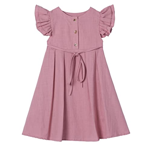 Ugitopi Kleines Mädchen Flatterärmel Baumwoll-Leinen Kleid Kleinkind Kinder Doppelte Rüschen Freizeitkleider Dusty Rose 100 von Ugitopi