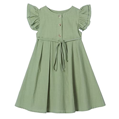 Ugitopi Kleines Mädchen Flatterärmel Baumwoll-Leinen Kleid Kleinkind Kinder Doppelte Rüschen Freizeitkleider Sage Green 100 von Ugitopi