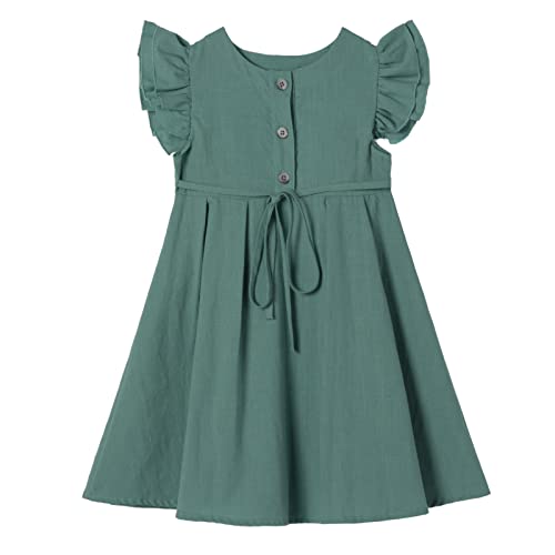 Ugitopi Kleines Mädchen Flatterärmel Baumwoll-Leinen Kleid Kleinkind Kinder Doppelte Rüschen Freizeitkleider Turquoise 110 von Ugitopi