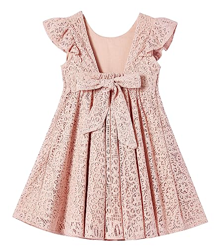 Ugitopi Kleinkind Mädchen Rückenfrei Flatterärmel Spitze Party Kleid Kinder Kleider (Dusty Rose,140) von Ugitopi