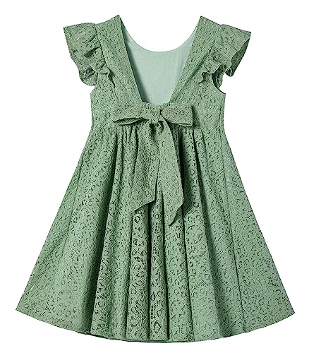Ugitopi Kleinkind Mädchen Rückenfrei Flatterärmel Spitze Party Kleid Kinder Kleider (Sage Green,130) von Ugitopi