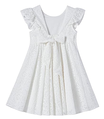 Ugitopi Kleinkind Mädchen Rückenfrei Flatterärmel Spitze Party Kleid Kinder Kleider (White,130) von Ugitopi