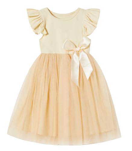 Ugitopi Kleinkind Mädchen Rüschenärmel Tüll Kleid Kind Sommerkleid (Beige,110) von Ugitopi