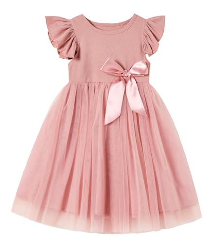 Ugitopi Kleinkind Mädchen Rüschenärmel Tüll Kleid Kind Sommerkleid (Dusty Pink,140) von Ugitopi