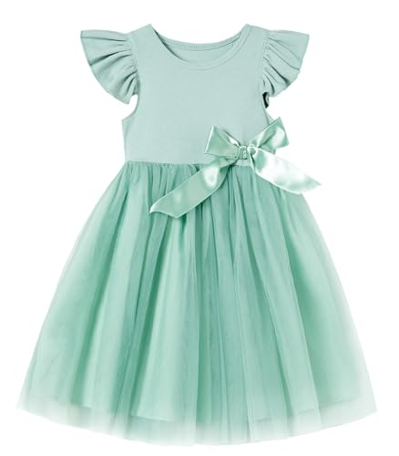 Ugitopi Kleinkind Mädchen Rüschenärmel Tüll Kleid Kind Sommerkleid (Dusty Sage,140) von Ugitopi