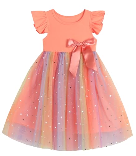 Ugitopi Kleinkind Mädchen Rüschenärmel Tüll Kleid Kind Sommerkleid (Pink,140) von Ugitopi