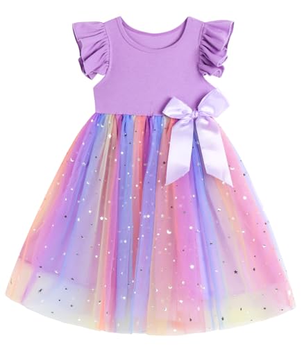 Ugitopi Kleinkind Mädchen Rüschenärmel Tüll Kleid Kind Sommerkleid (Purple02,140) von Ugitopi