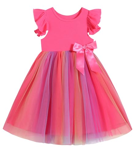 Ugitopi Kleinkind Mädchen Rüschenärmel Tüll Kleid Kind Sommerkleid (Rose,150) von Ugitopi
