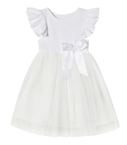Ugitopi Kleinkind Mädchen Rüschenärmel Tüll Kleid Kind Sommerkleid (White,120) von Ugitopi