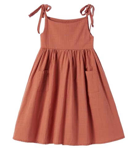 Ugitopi Mädchen Baumwoll-Leinen ärmelloses Kleid mit Trägern und Taschen Kleinkind Mädchen Sommerkleid 12-18 Monate (Solid Caramel,90) von Ugitopi