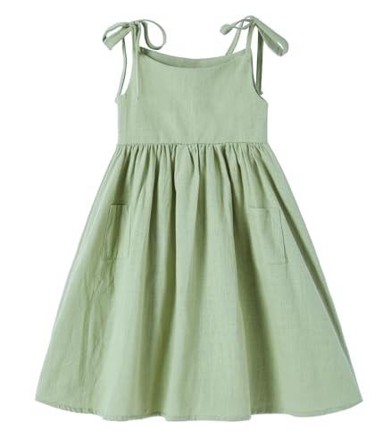 Ugitopi Mädchen Baumwoll-Leinen ärmelloses Kleid mit Trägern und Taschen Kleinkind Mädchen Sommerkleid 12-18 Monate (Solid Sage Green,90) von Ugitopi