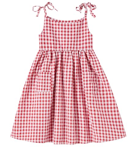 Ugitopi Mädchen Baumwoll-Leinen ärmelloses Kleid mit Trägern und Taschen Kleinkind Mädchen Sommerkleid 4 Jahre (Plaid Red,120) von Ugitopi