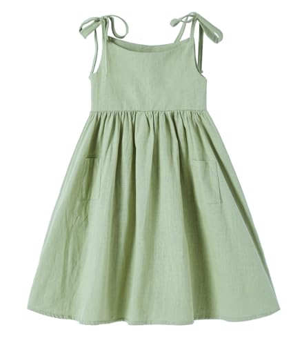 Ugitopi Mädchen Baumwoll-Leinen ärmelloses Kleid mit Trägern und Taschen Kleinkind Mädchen Sommerkleid 5 Jahre (Solid Sage Green,130) von Ugitopi