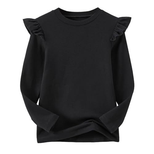 Ugitopi Mädchen Langarm T-Shirt Rüschenärmel Kinder Tops mit Rundhalsausschnitt Tunika Tshirts für Mädchen (Black, 130) von Ugitopi