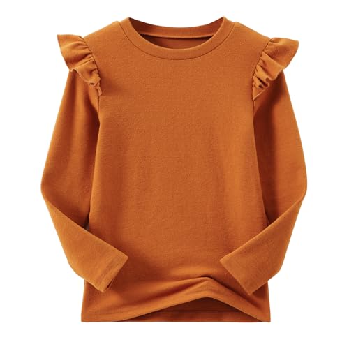 Ugitopi Mädchen Langarm T-Shirt Rüschenärmel Kinder Tops mit Rundhalsausschnitt Tunika Tshirts für Mädchen (Brown, 150) von Ugitopi