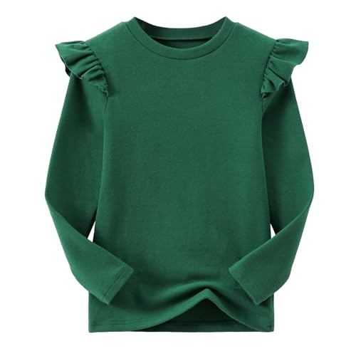 Ugitopi Mädchen Langarm T-Shirt Rüschenärmel Kinder Tops mit Rundhalsausschnitt Tunika Tshirts für Mädchen (Dark Green, 110) von Ugitopi