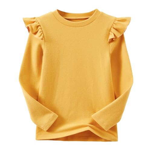 Ugitopi Mädchen Langarm T-Shirt Rüschenärmel Kinder Tops mit Rundhalsausschnitt Tunika Tshirts für Mädchen (Mustard, 150) von Ugitopi