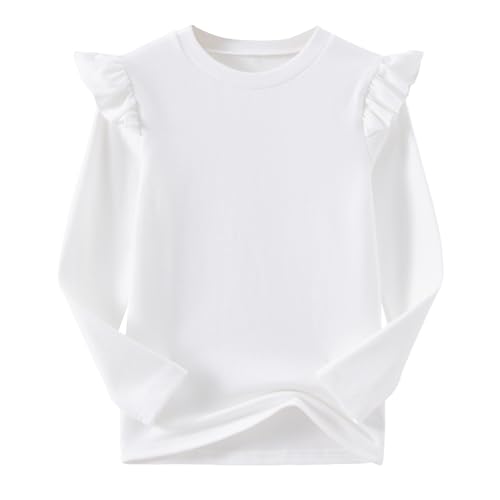 Ugitopi Mädchen Langarm T-Shirt Rüschenärmel Kinder Tops mit Rundhalsausschnitt Tunika Tshirts für Mädchen (White, 120) von Ugitopi