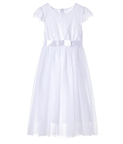 Ugitopi Mädchen Spitze Langes Kleid Kinder Tüll Party Prinzessin Kleid (White, 140) von Ugitopi