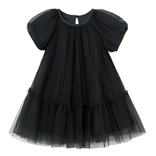 Ugitopi Mädchen Tüllkleid mit Baumwoll-Futter – Elegantes A-Line Partykleid mit Puffärmeln, Mehrlagigem Schichtenrock (Black,120) von Ugitopi