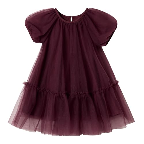 Ugitopi Mädchen Tüllkleid mit Baumwoll-Futter – Elegantes A-Line Partykleid mit Puffärmeln, Mehrlagigem Schichtenrock (Burgundy,110) von Ugitopi