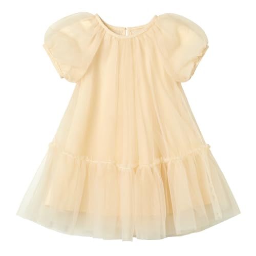 Ugitopi Mädchen Tüllkleid mit Baumwoll-Futter – Elegantes A-Line Partykleid mit Puffärmeln, Mehrlagigem Schichtenrock (Champagne,110) von Ugitopi