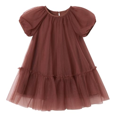 Ugitopi Mädchen Tüllkleid mit Baumwoll-Futter – Elegantes A-Line Partykleid mit Puffärmeln, Mehrlagigem Schichtenrock (Coffee,120) von Ugitopi