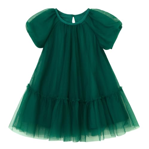 Ugitopi Mädchen Tüllkleid mit Baumwoll-Futter – Elegantes A-Line Partykleid mit Puffärmeln, Mehrlagigem Schichtenrock (Dark Green,110) von Ugitopi