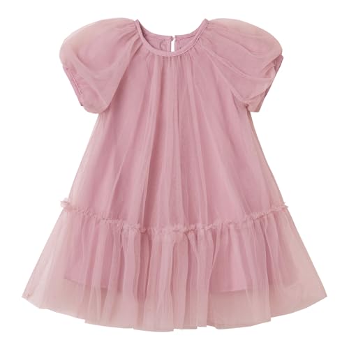 Ugitopi Mädchen Tüllkleid mit Baumwoll-Futter – Elegantes A-Line Partykleid mit Puffärmeln, Mehrlagigem Schichtenrock (Dusty Rose,90) von Ugitopi
