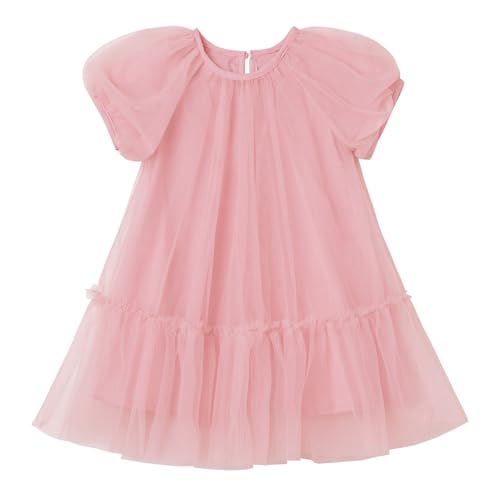 Ugitopi Mädchen Tüllkleid mit Baumwoll-Futter – Elegantes A-Line Partykleid mit Puffärmeln, Mehrlagigem Schichtenrock (Pink,110) von Ugitopi